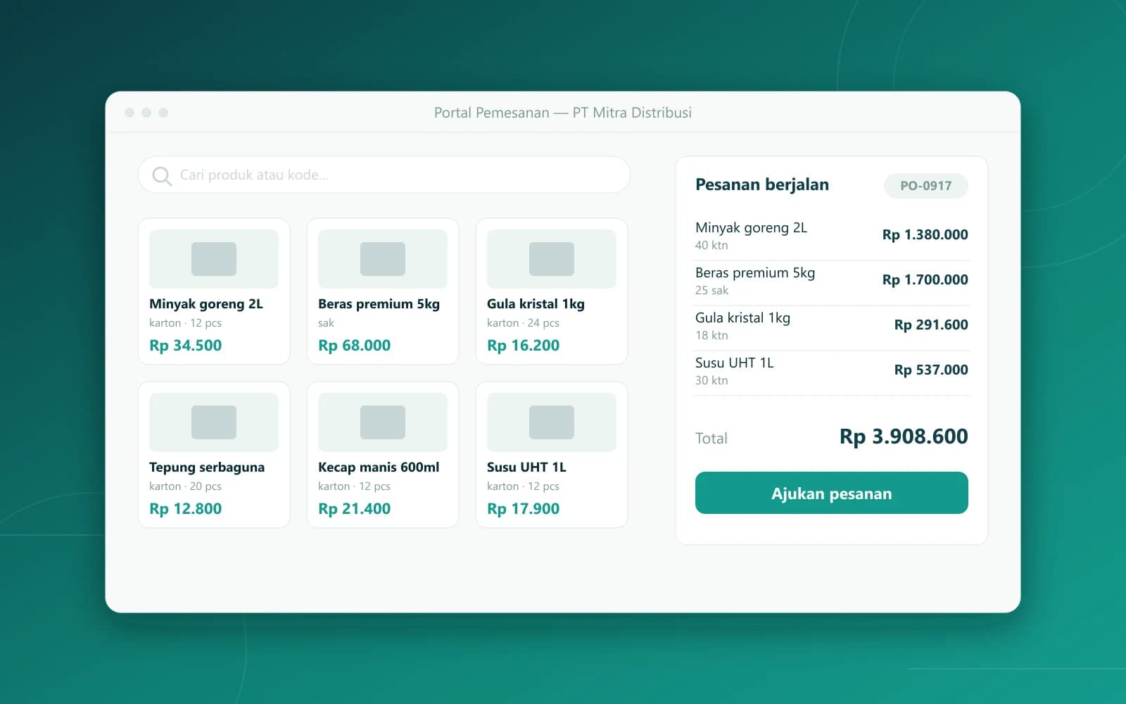 Tangkapan layar Portal pemesanan untuk pelanggan grosir dengan harga bertingkat