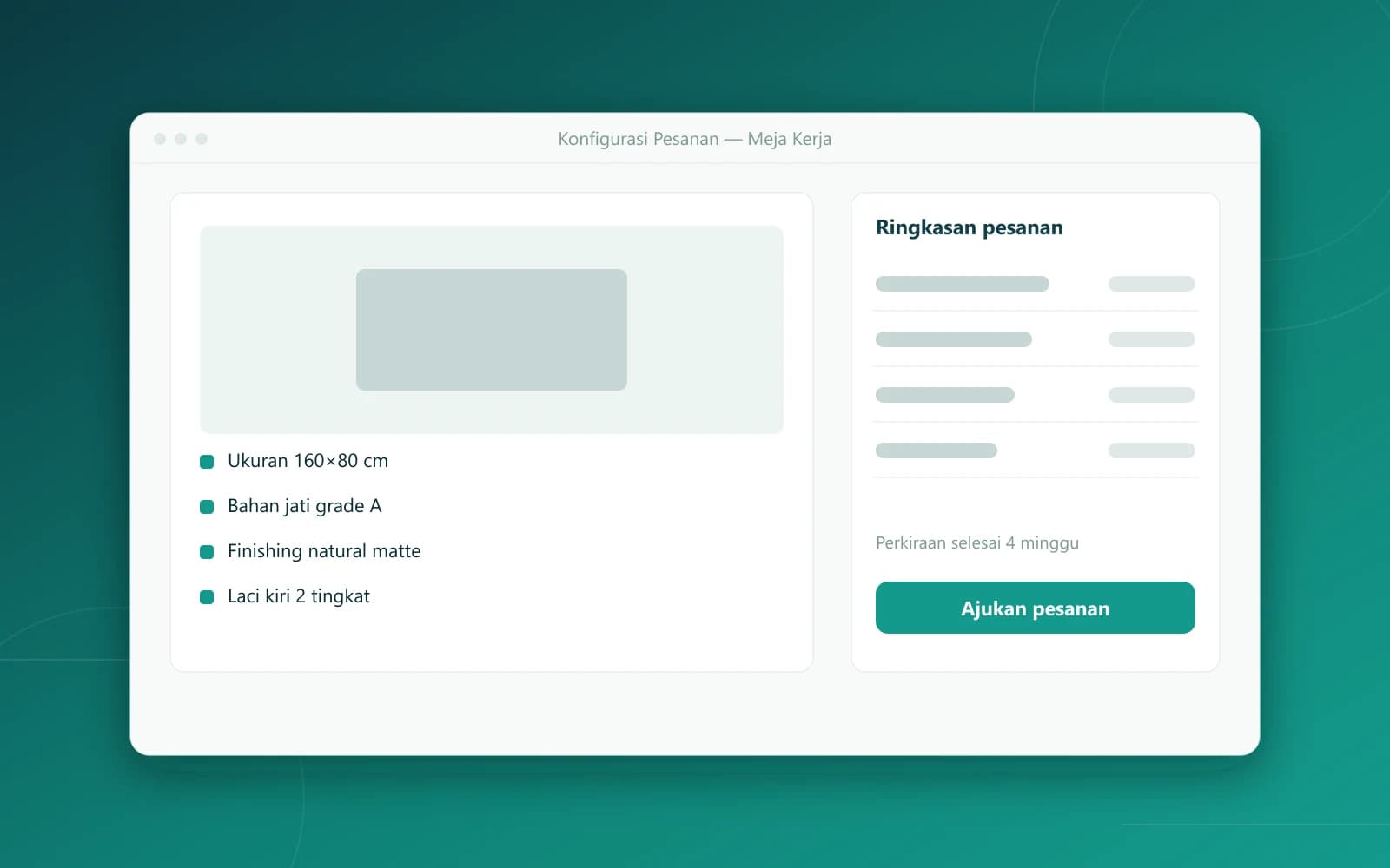 Tangkapan layar Portal pemesanan mebel custom dengan konfigurasi ukuran dan bahan