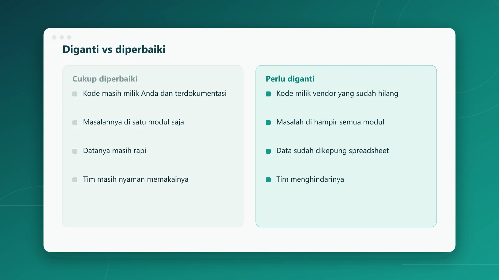 Perbandingan keadaan sistem lama yang cukup diperbaiki dengan yang perlu diganti