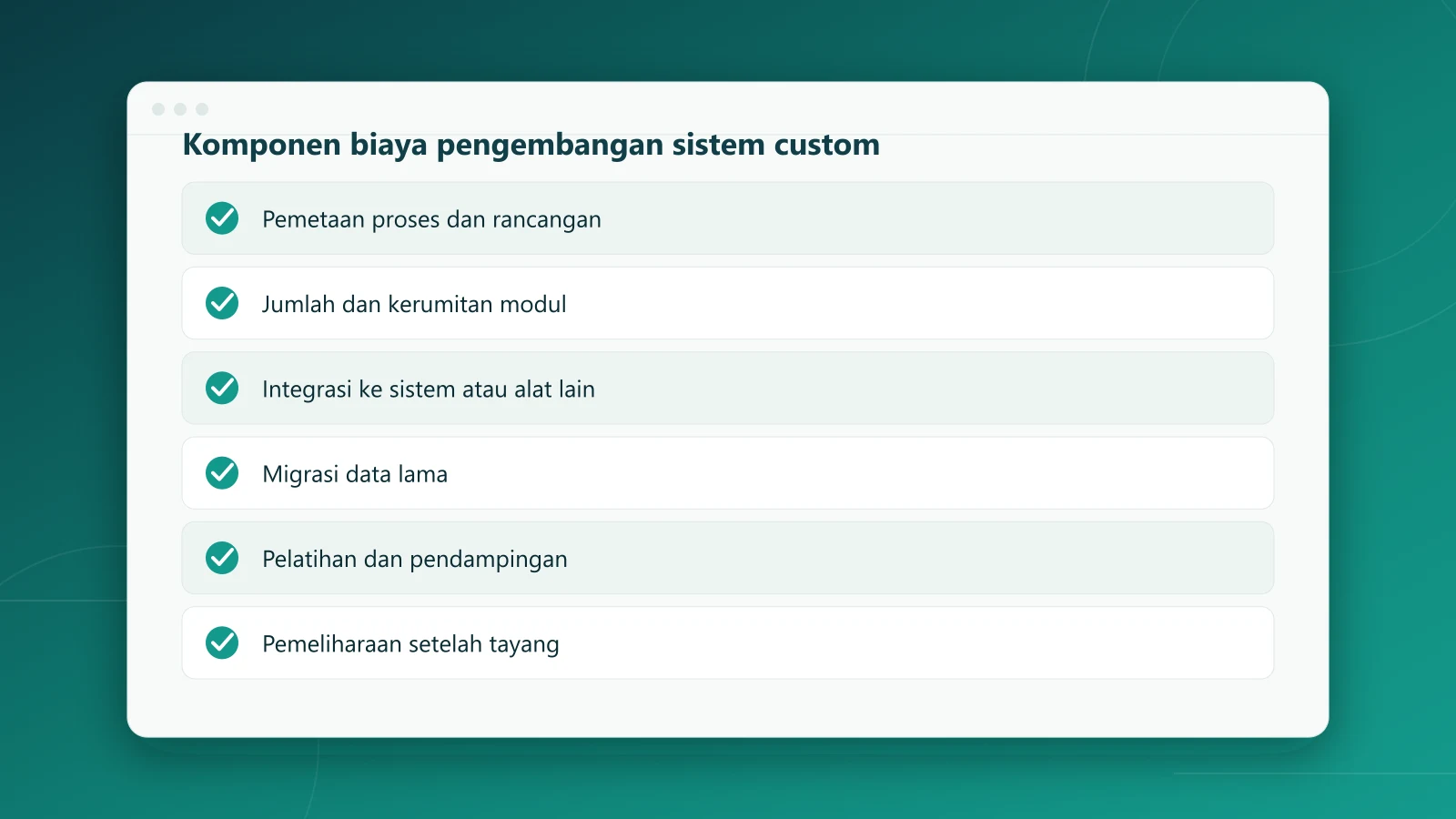 Enam komponen yang membentuk biaya pengembangan sistem custom