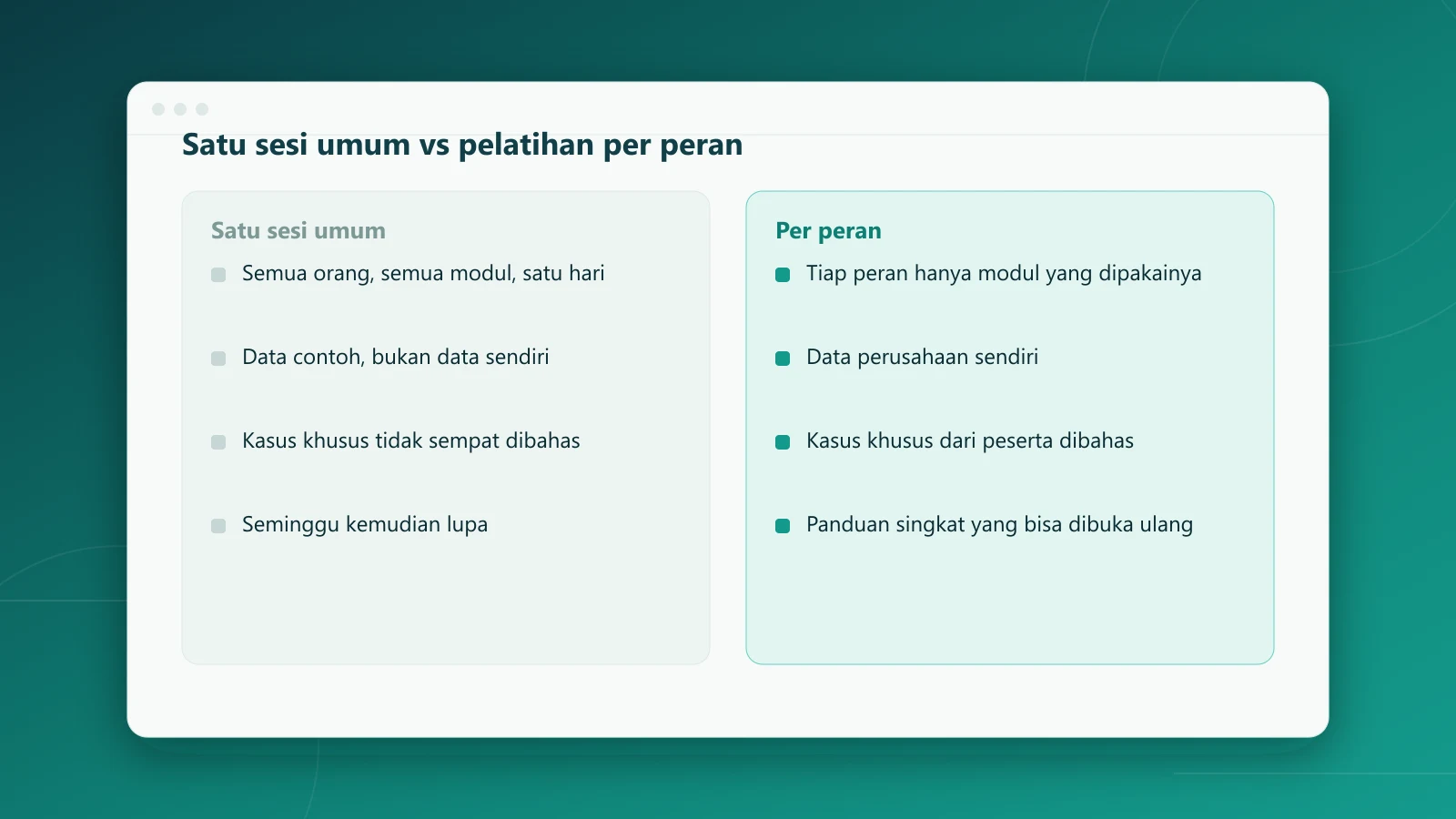 Perbandingan pelatihan pengguna sistem satu sesi umum dengan pelatihan per peran