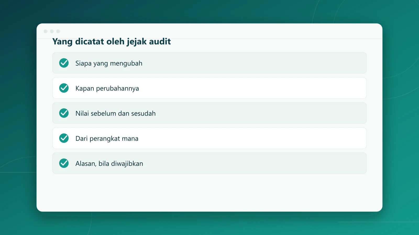 Lima hal yang dicatat jejak audit pada setiap perubahan data